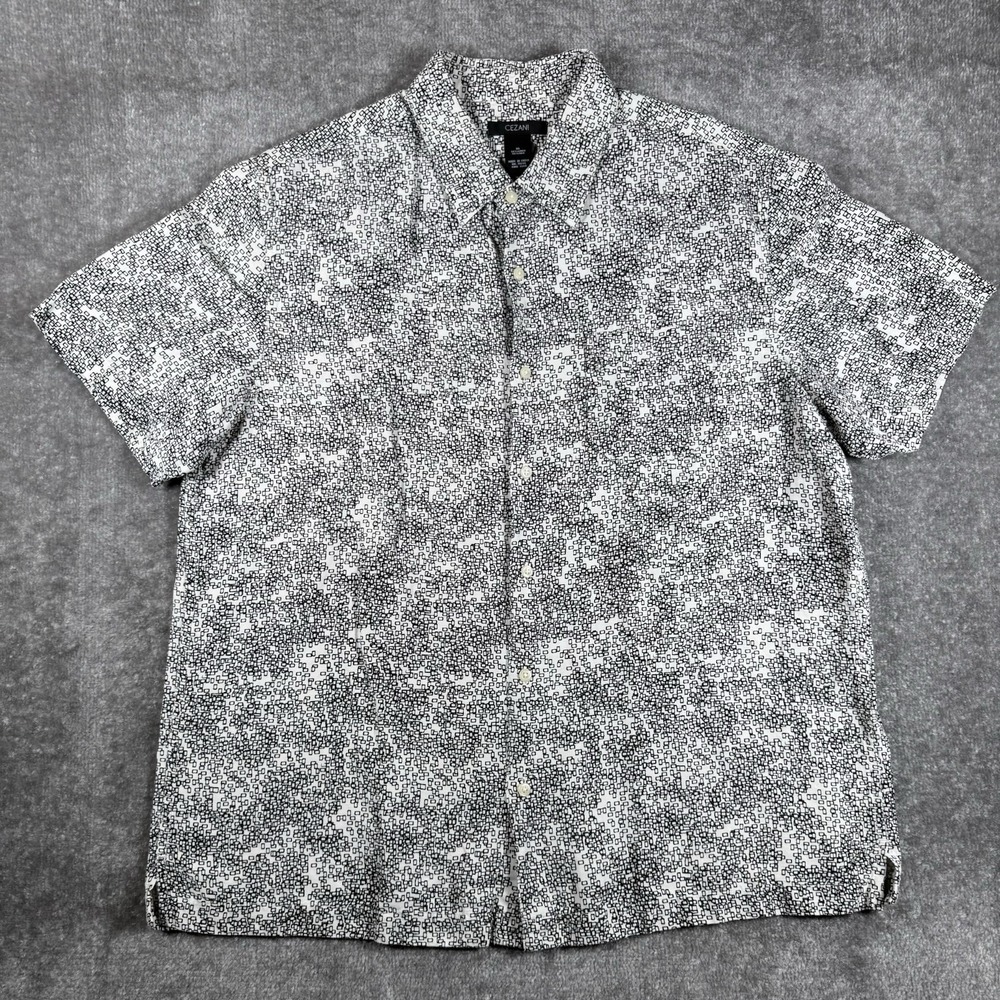 Cezani Shirt Men's XL White Geometric Linen Silk Short Sleeve Resortwear